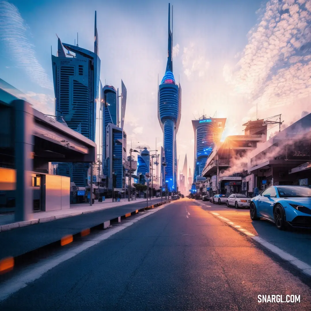 A bustling city street with cars zooming by and a modern building standing tall in the distance. The vibrant red of the street signs pops against the gray backdrop, perfectly embodying the warmth of PANTONE 1935 color.