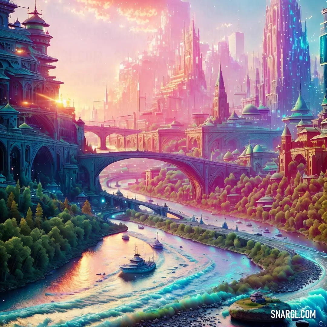 A beautiful painting of a cityscape with a bridge crossing a river. The scene is alive with color and motion, capturing the vibrancy of urban life and the peaceful flow of water beneath the bridge.