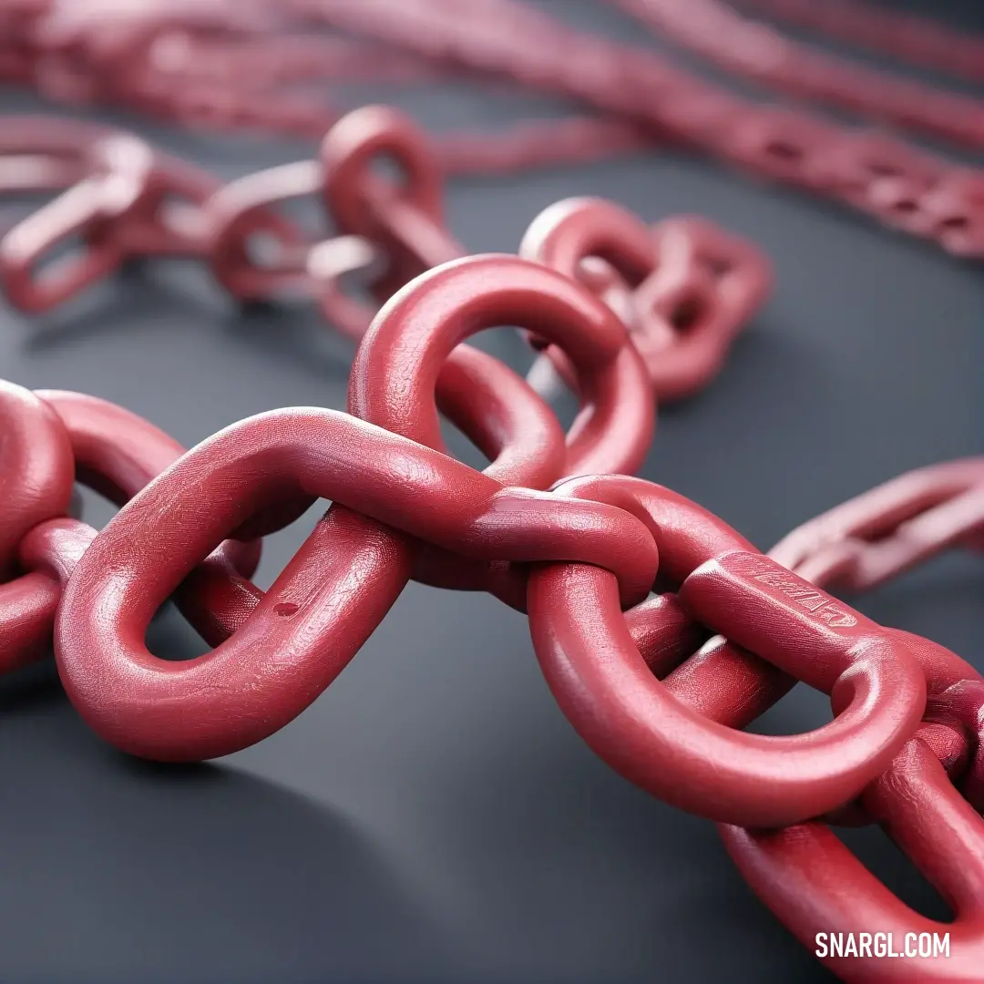 A striking red chain sprawls elegantly across a tabletop, contrasting beautifully against a black background, showcasing an embodiment of strength and style through PANTONE 1935 color.