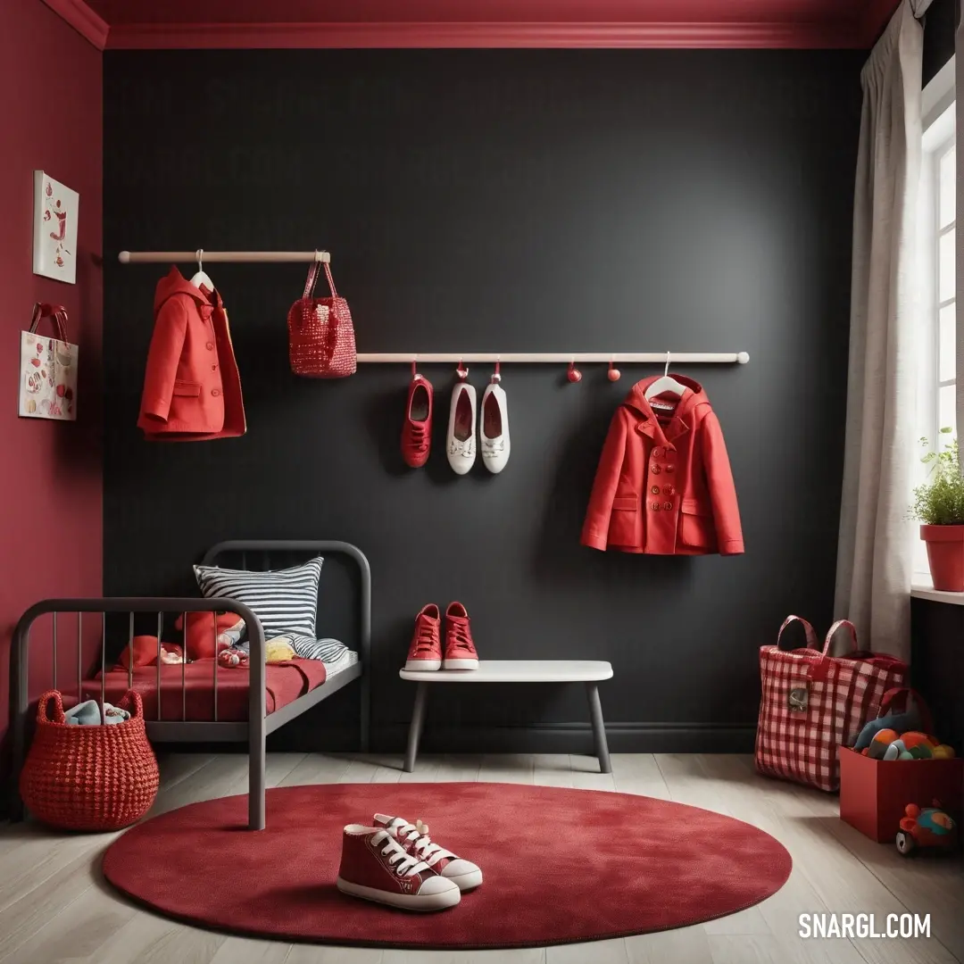 An inviting room showcases a rich red rug and matching coat rack, creating a warm and cohesive design. The plush texture of the rug invites you to step closer, complemented by the footwear sprawled about, hinting at a busy, lived-in space full of life.