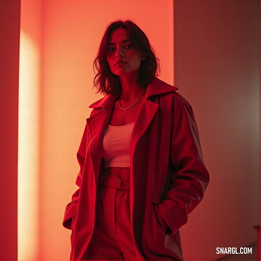 A striking woman in a stunning red coat stands against a backdrop illuminated by a dramatic red light in a cozy room, creating an alluring atmosphere that plays brilliantly with the Color PANTONE 1935.