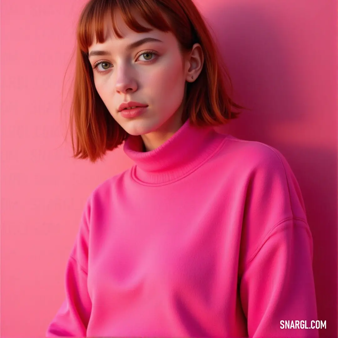 A radiant woman with fiery red hair sports a cozy pink sweater, captured mid-pose against a softly shaded pink wall, the scene exuding warmth and harmony with an infusion of CMYK 1,100,55,6 color.