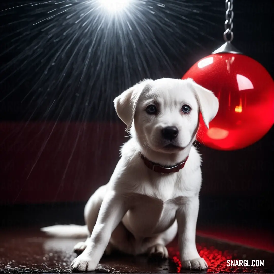 A playful puppy rests on a soft red rug with a vibrant red ball adorning its neck, radiating happiness and playfulness in a cozy home environment.