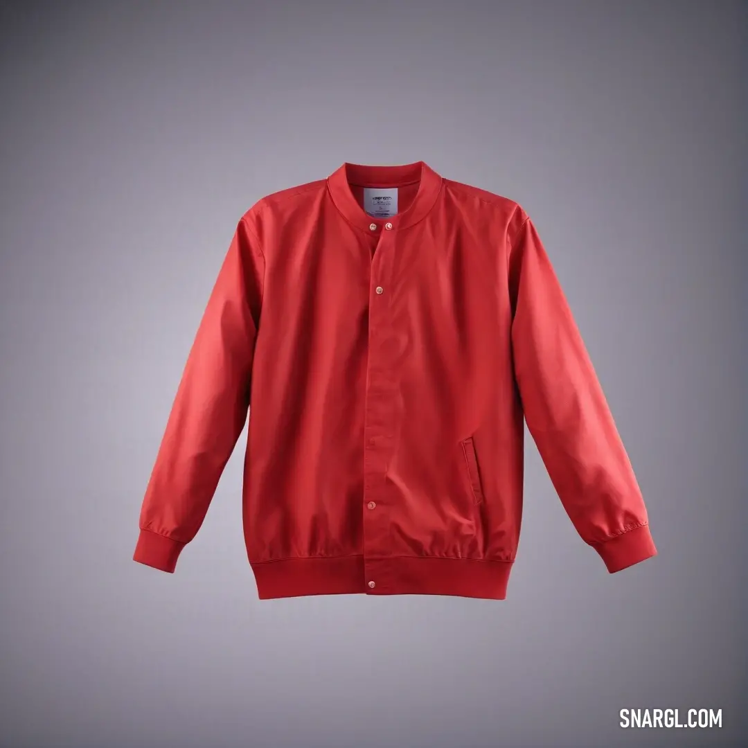 A vibrant red jacket elegantly drapes from a clothesline, contrasted against a soft gray background, infusing the scene with a sense of warmth and casual style. The color representation follows CMYK 1,100,55,6, emphasizing its bold hue.