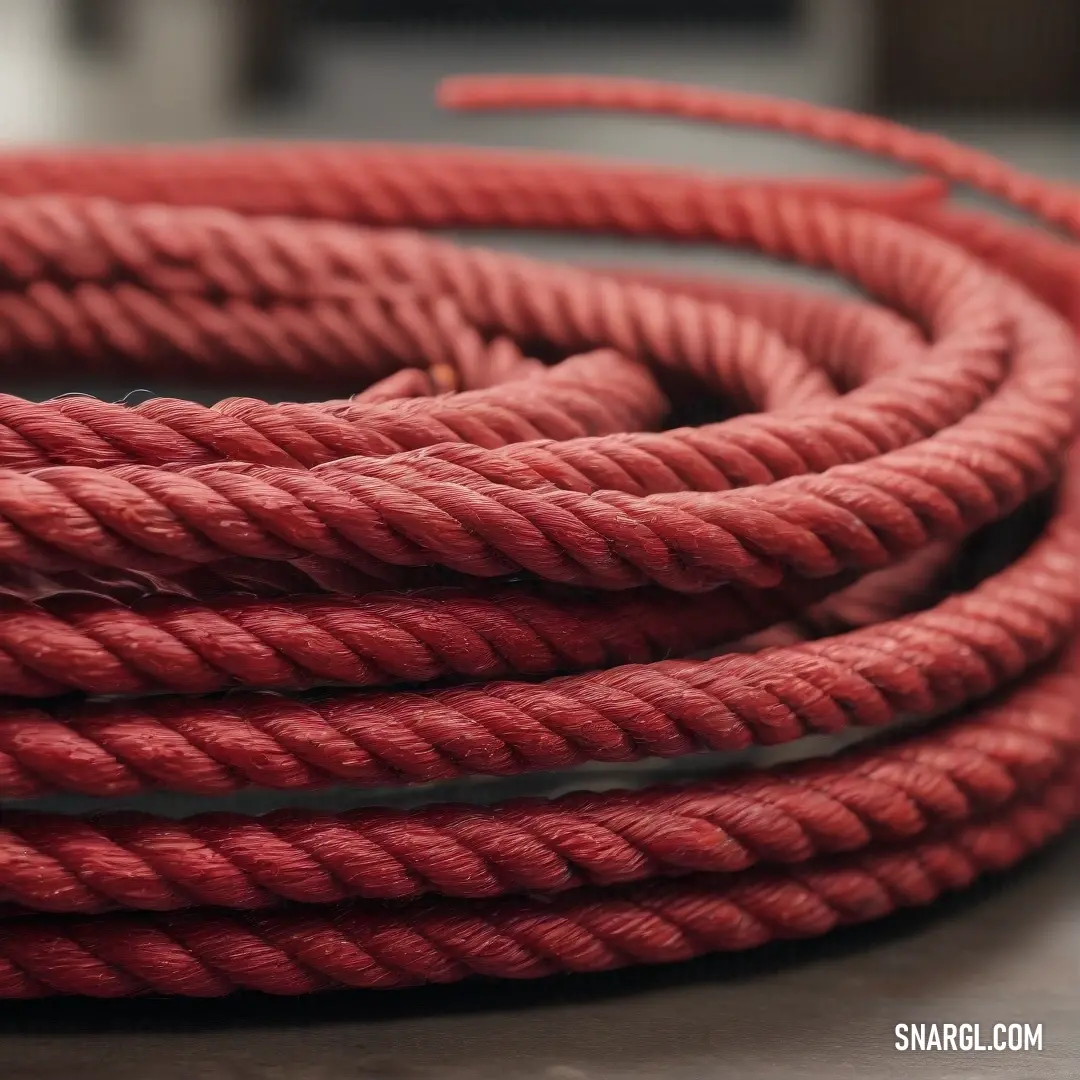 A deep red rope lies across a table, intertwined with a sleek black cord, their contrasting colors creating a compelling and visually balanced composition. The vibrant red and dark black emphasize the textures and lines of the objects.