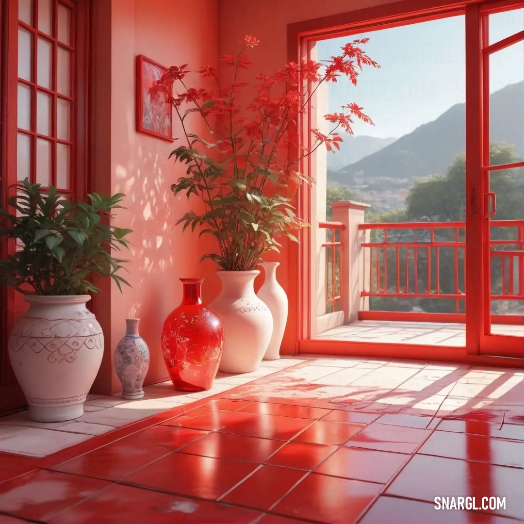 A warm and inviting room enveloped in various shades of red, featuring a window and tiled floor that blend seamlessly with three artfully arranged vases, creating a harmonious space of color and design. Color representation follows CMYK 1,100,55,6.