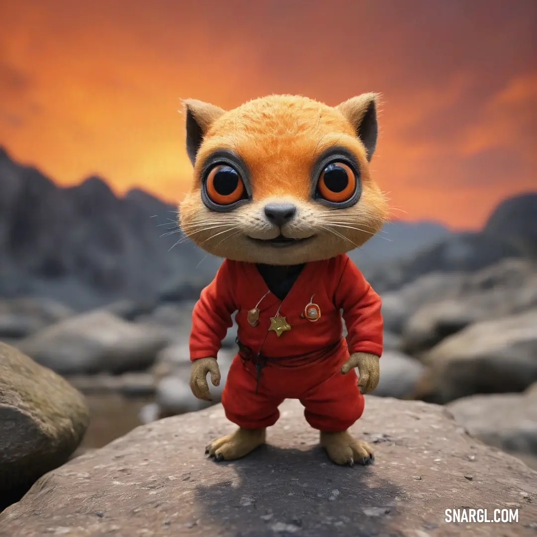 A delightful small stuffed animal, dressed in a vibrant red outfit, stands proudly atop a rocky surface that adds a natural touch to its charming demeanor, illustrated in RGB 204,48,87.