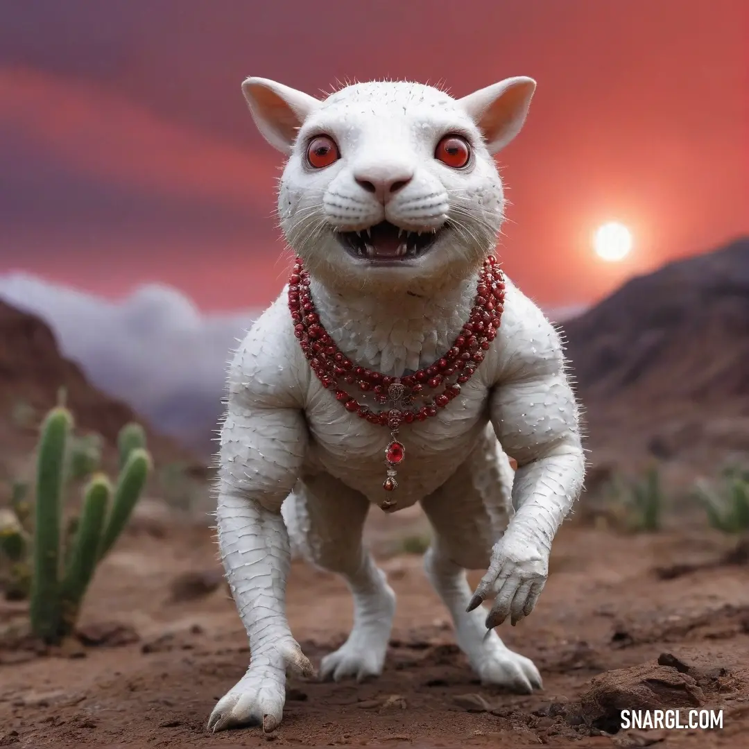 A charming white cat, with radiant red eyes and a striking red collar, stands confidently against a sunlit desert backdrop, bringing warmth and vibrancy to its surroundings in a picturesque scene.