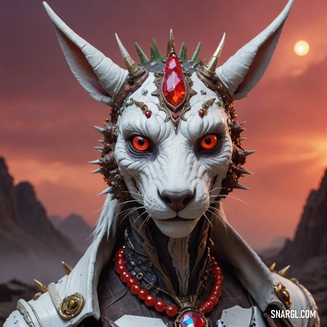 A majestic white wolf, adorned with striking red eyes and impressive horns, showcases its regal presence. With a bold red necklace accentuating its powerful look, this creature roams its domain with grace.