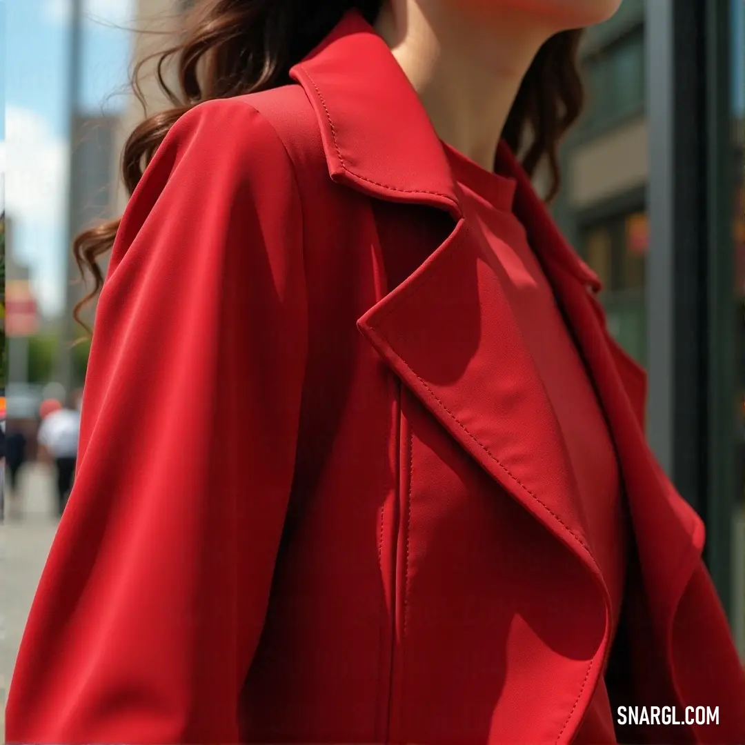 A fashionable woman clad in a striking red coat stands confidently on the bustling street, her hand on her hip as she gazes thoughtfully to the side, embodying a stylish elegance against the urban backdrop, with a touch of CMYK 1,100,55,6 color.