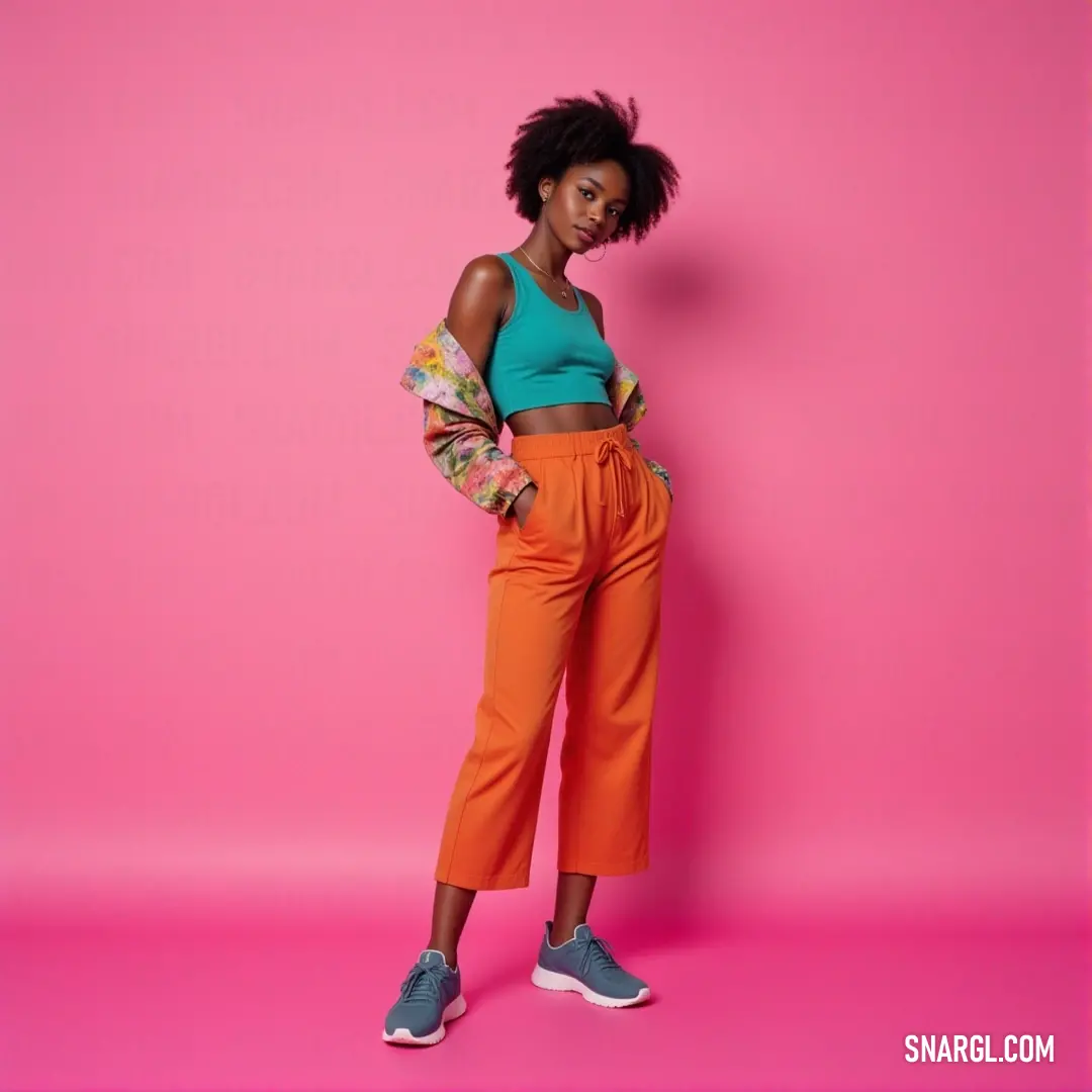 A whimsical image features a fashionable lady rocking orange pants and a striking blue top, playfully posed against a vibrant pink background, the overall scene beautifully embodying the essence of PANTONE 1935 color.