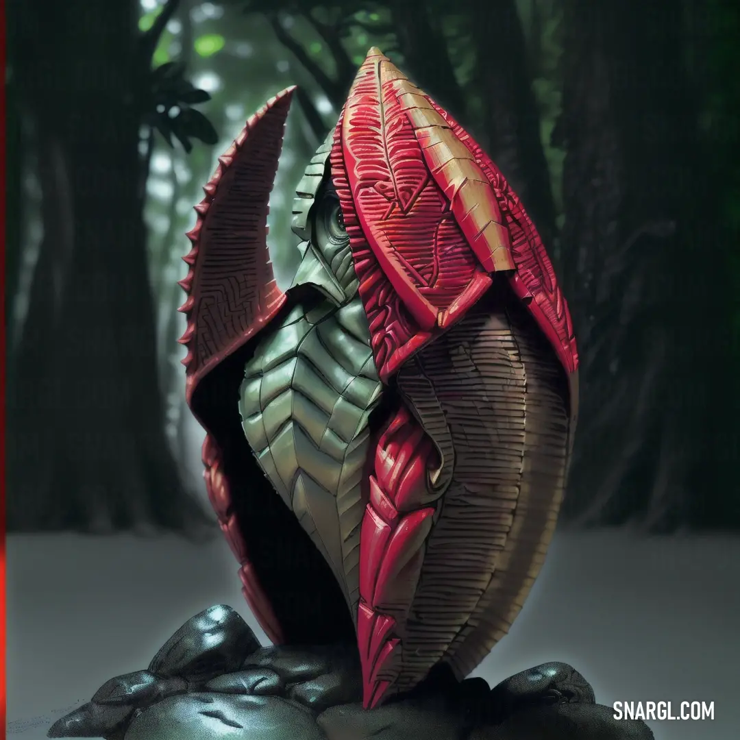 Red and brown sculpture of a leafy creature in a forest setting with a red frame around it