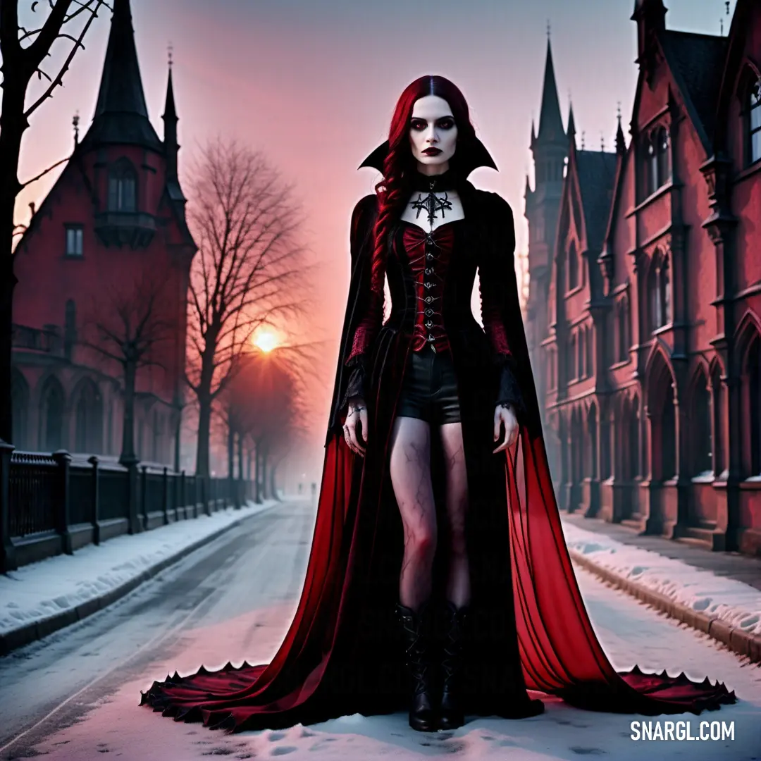 Woman dressed in a gothic costume standing in the middle of a street at night with a red light