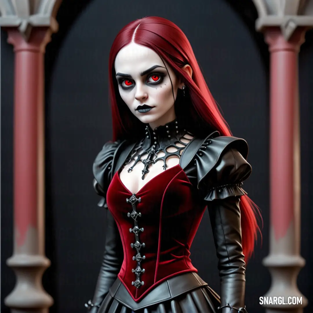 Woman with red hair and makeup wearing a black dress and red eye makeup and a gothic - inspired outfit