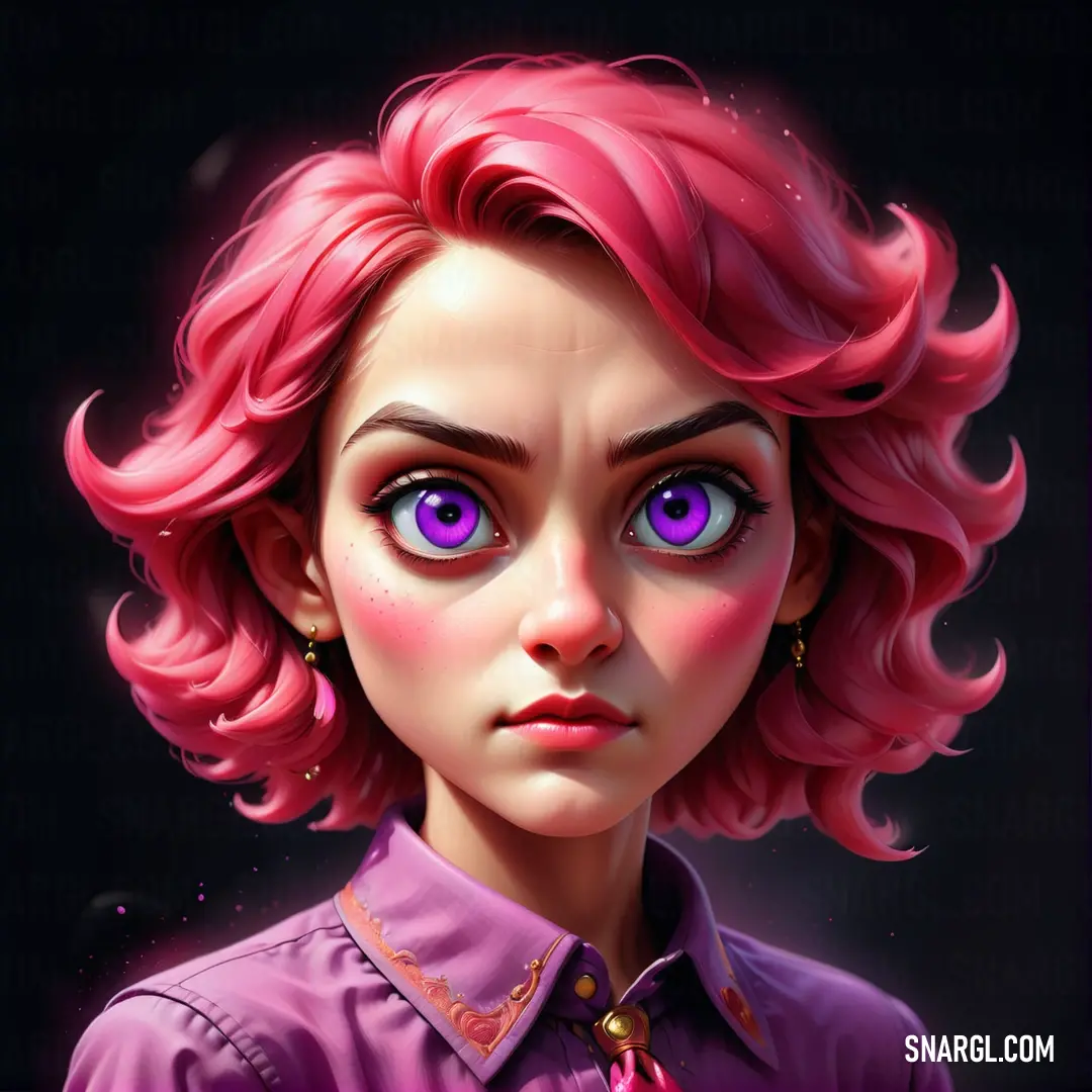 Painting of a girl with pink hair and blue eyes with a purple shirt on. Color PANTONE 1945.