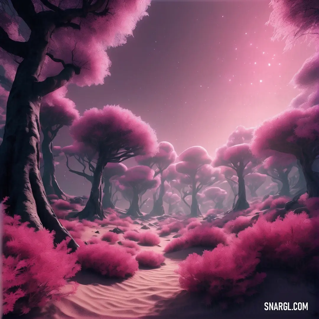 Pink landscape with trees and a path leading to the sky with stars in the sky above it. Example of CMYK 5,100,55,28 color.