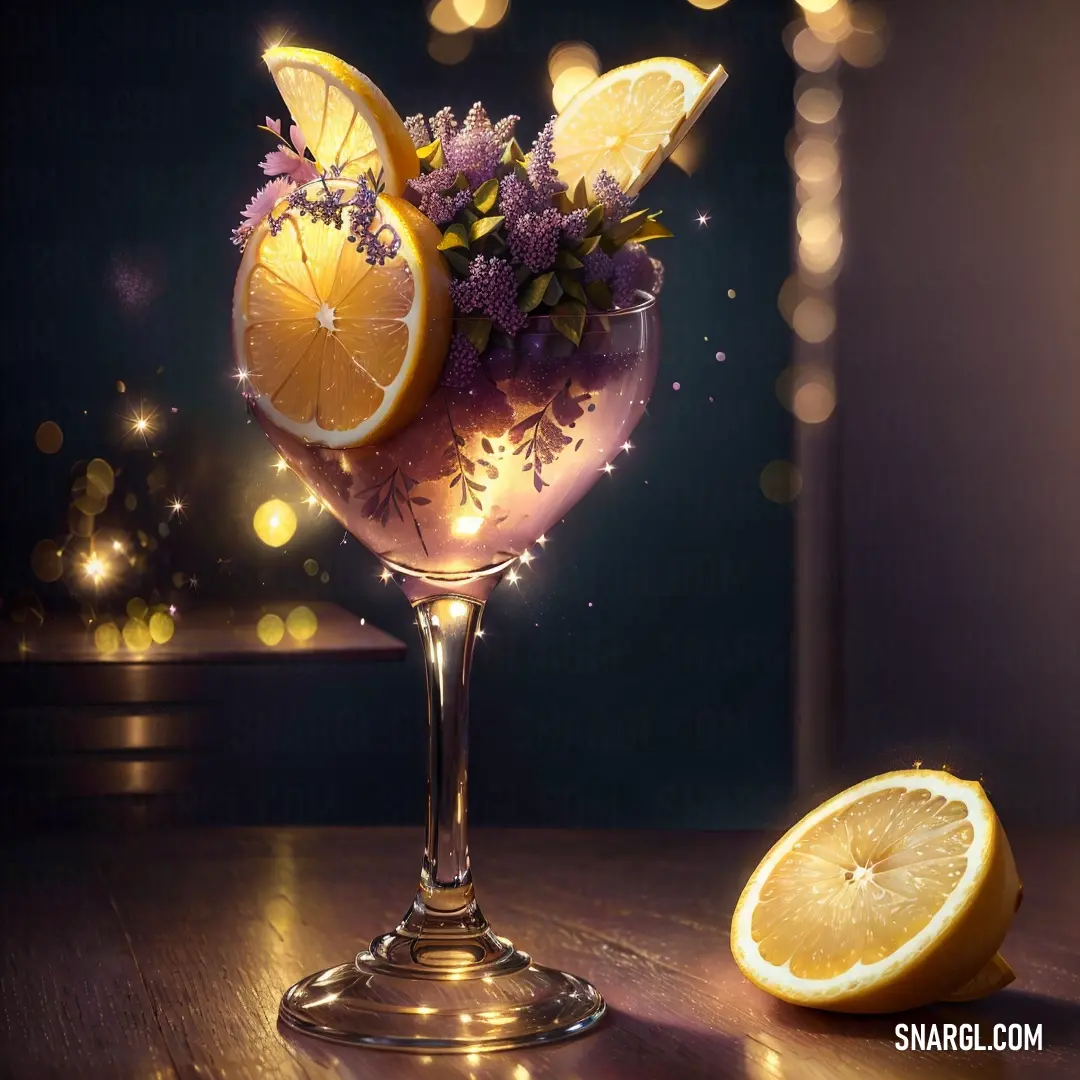 Glass of wine with lemons and flowers in it on a table with a lit up background