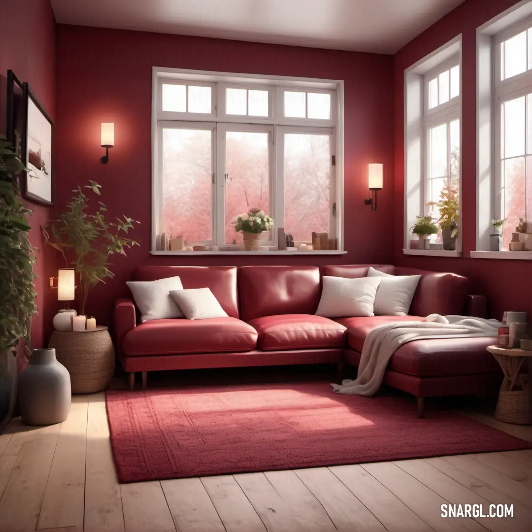 Living room with a red couch and a red rug on the floor and a red wall with windows