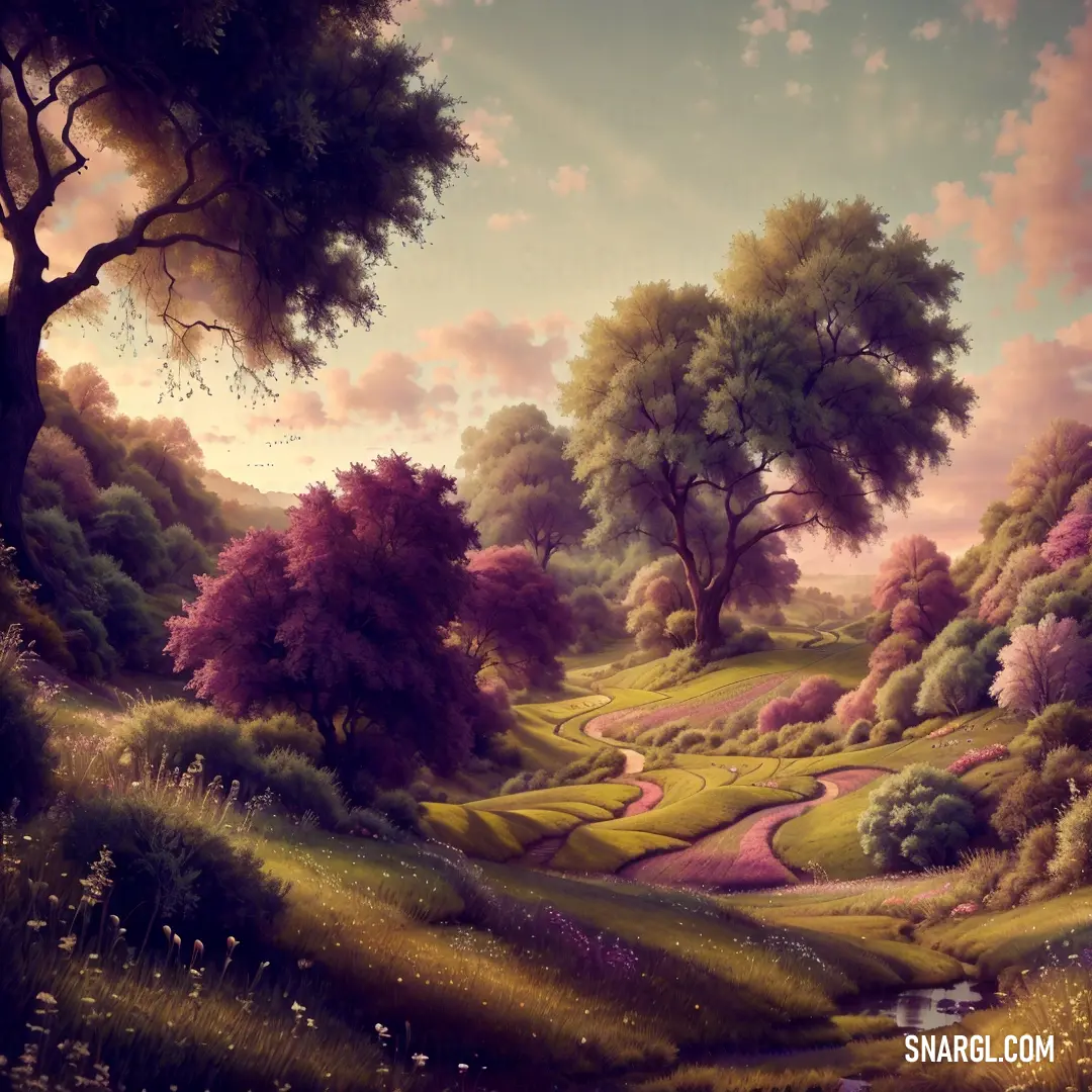 Painting of a lush green field with trees and flowers on it