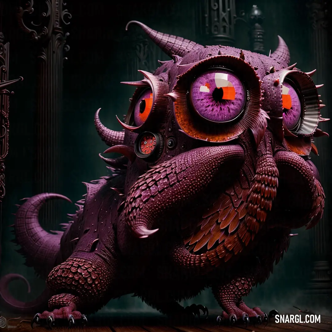 Purple creature with orange eyes and horns on it's head