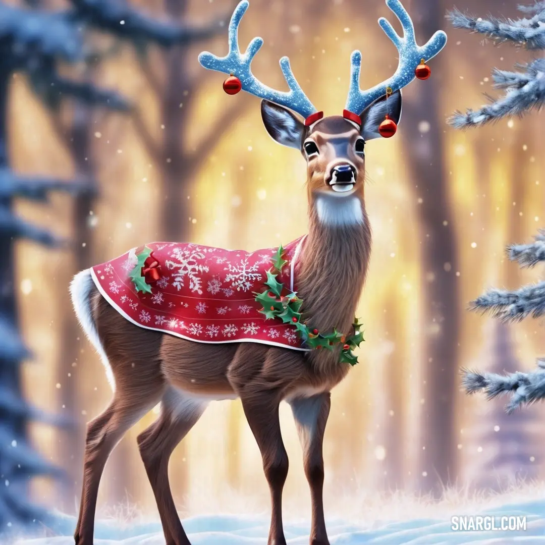 Deer wearing a red blanket in the snow with a christmas wreath on its antlers and a red bow. Example of CMYK 9,100,54,43 color.