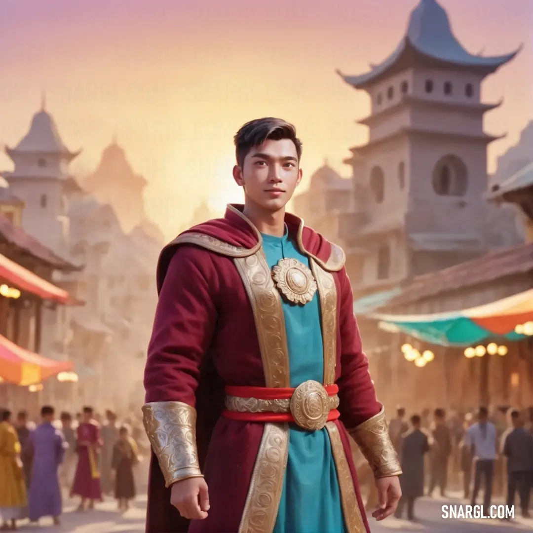 Man in a red and blue outfit standing in front of a crowd of people in a chinese city. Color #922841.