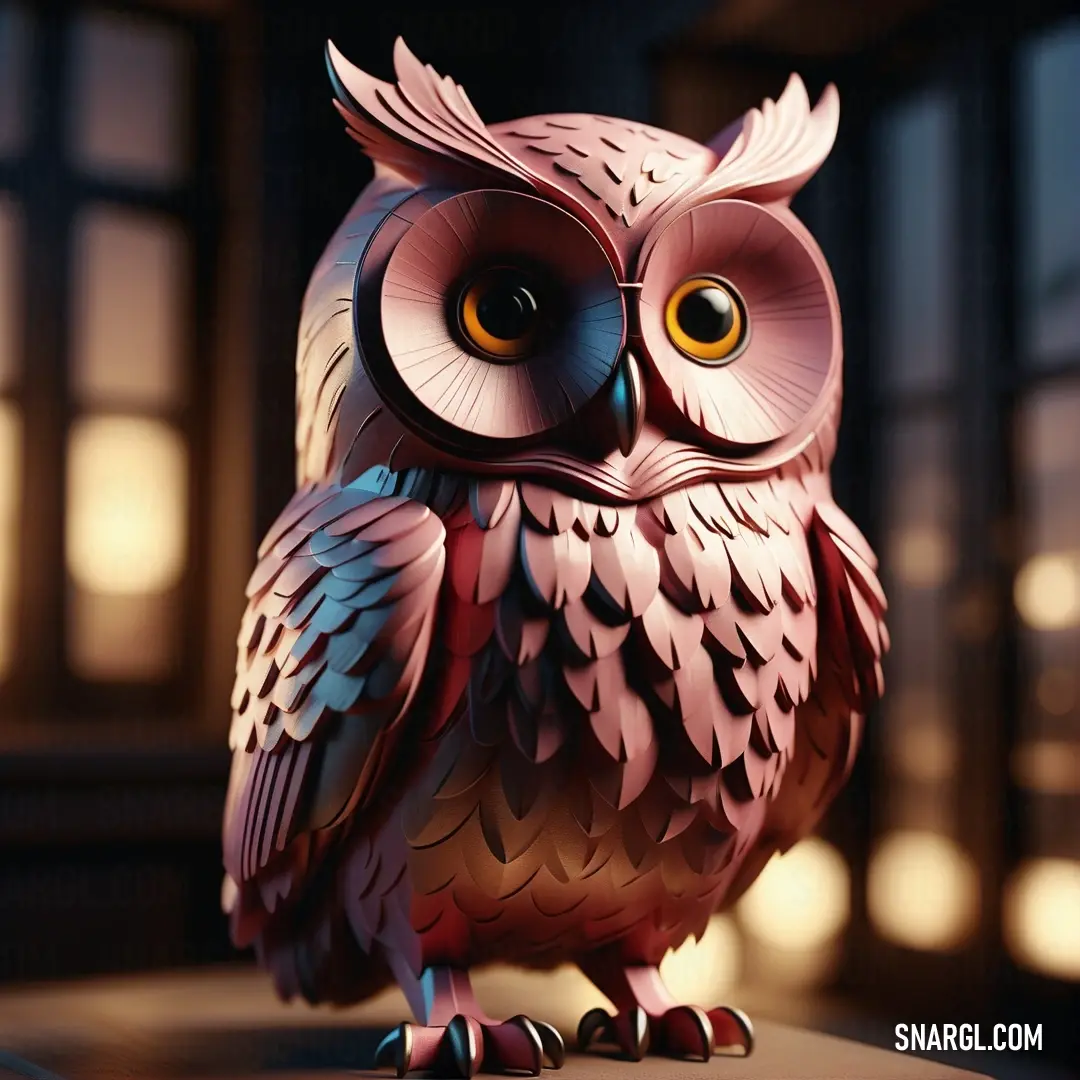 Pink owl on top of a table next to a window with lights in the background. Color PANTONE 1955.
