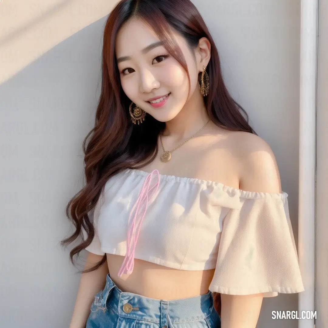 Woman with long hair wearing a white top and denim shorts with a pink tie around her waist and a gold necklace