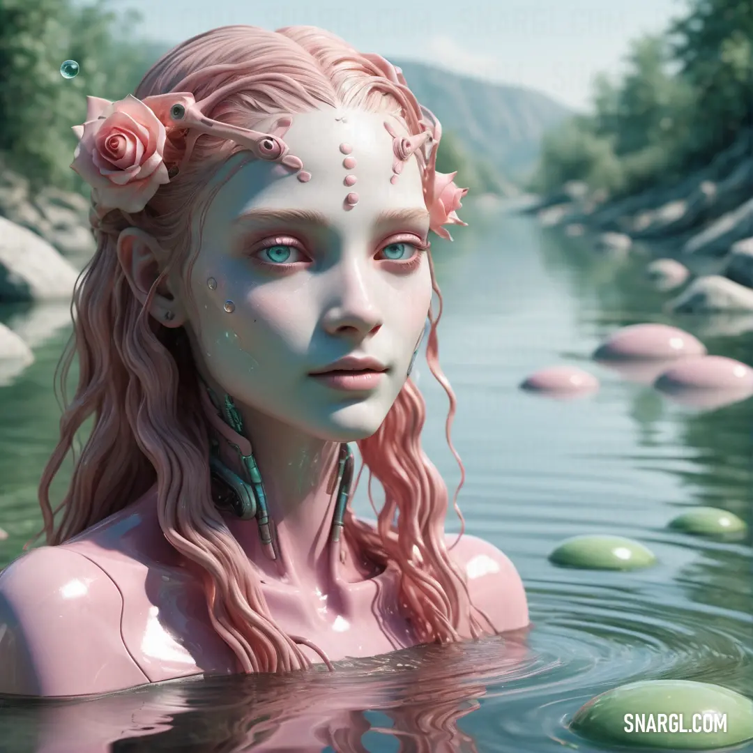 Woman with long hair and a rose in her hair is in the water with rocks