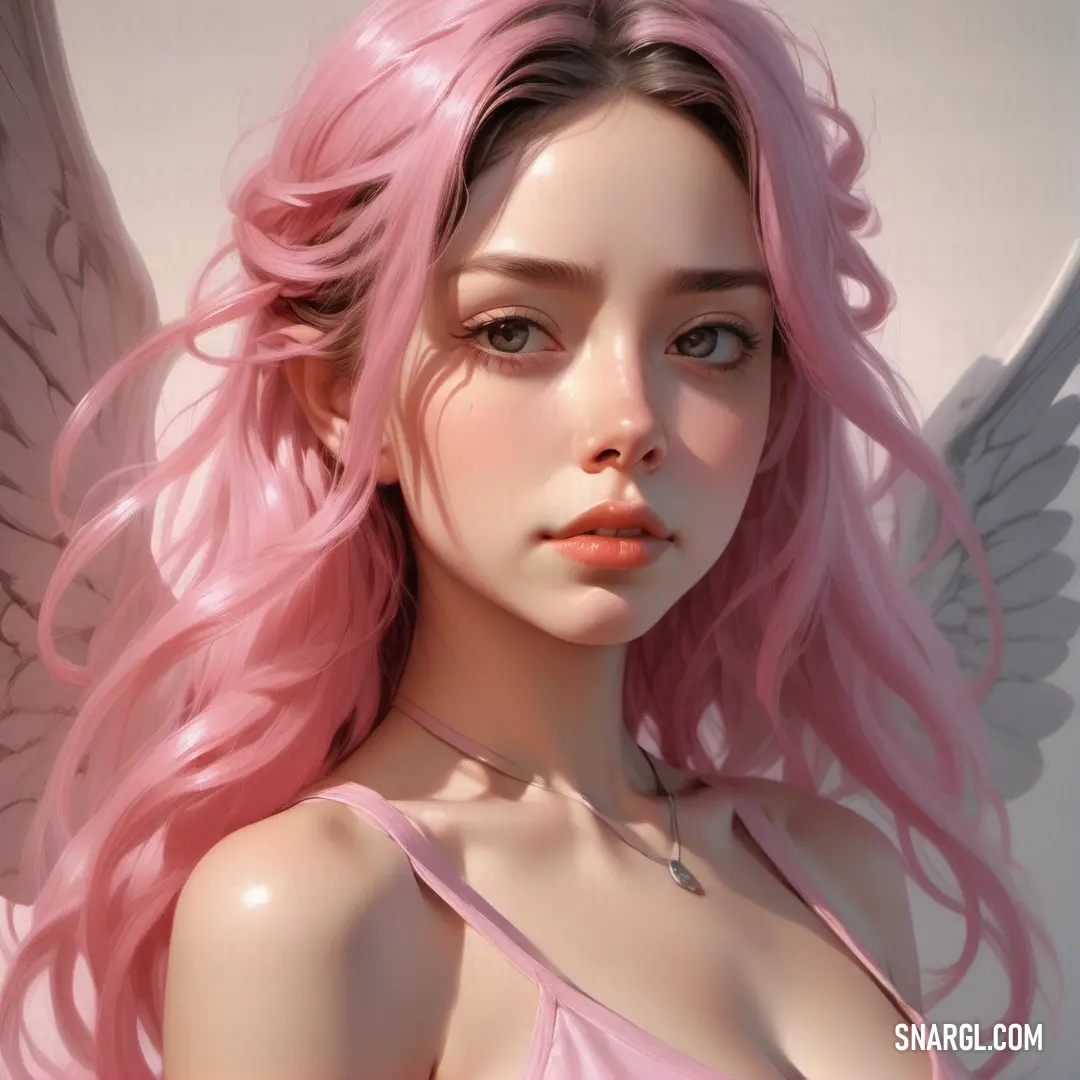 Digital painting of a woman with pink hair and angel wings on her shoulder and chest