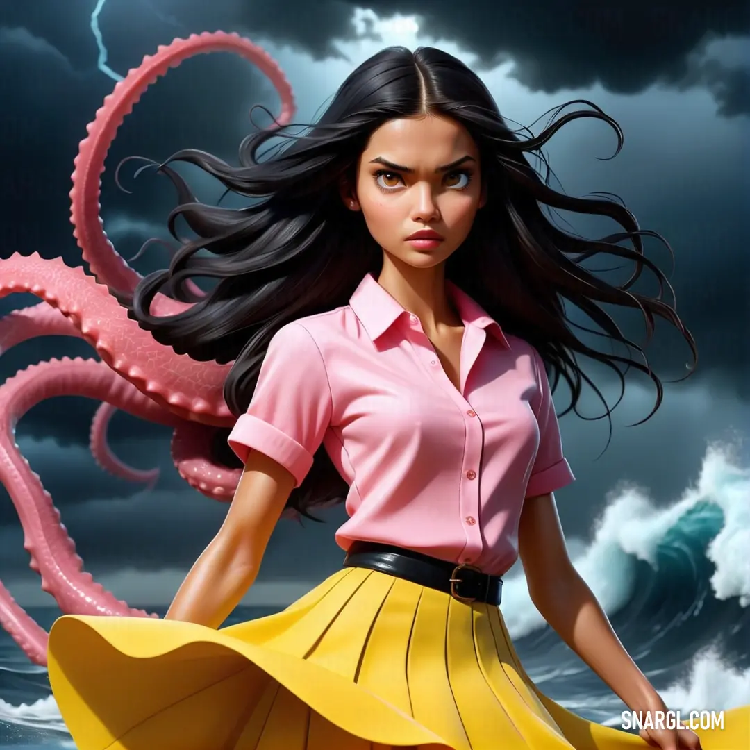 Woman in a pink shirt and yellow skirt standing in front of an octopus with her hair blowing in the wind