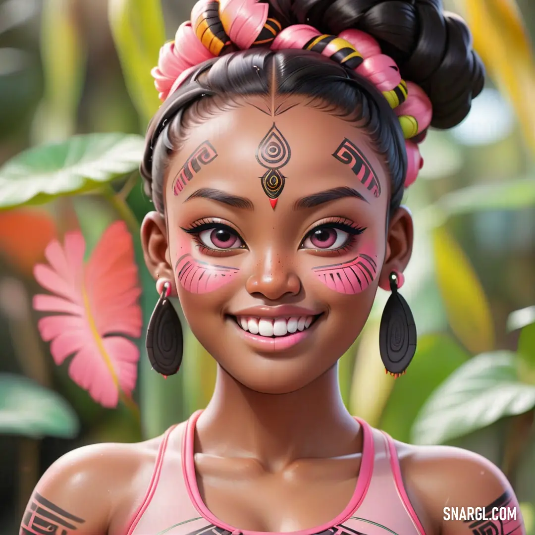 Woman with a pink top and black hair with tattoos on her face and a pink flower in her hair. Example of #E8A1B0 color.