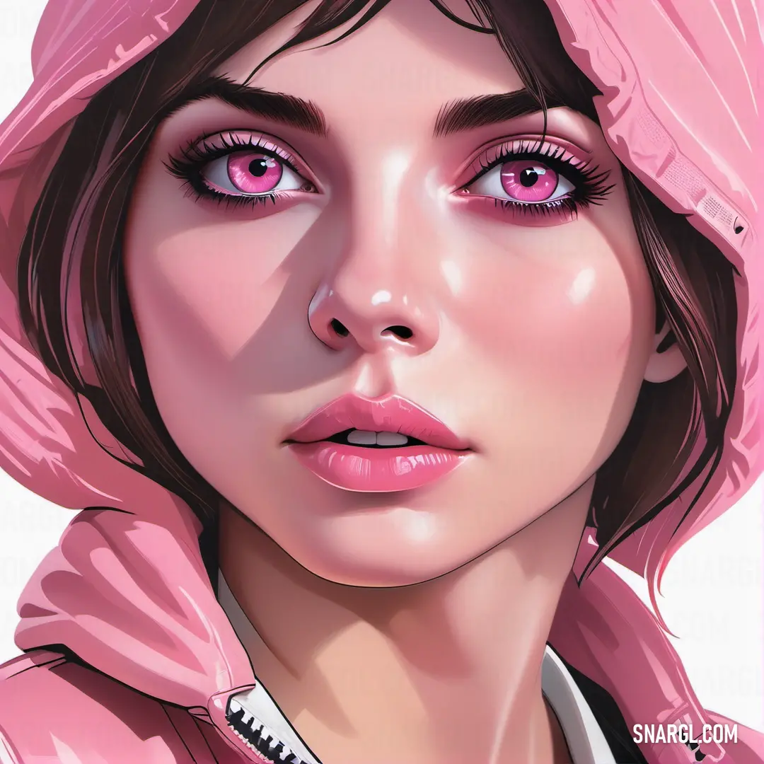 Woman with pink eyes and a pink hat on her head and a pink jacket on her head