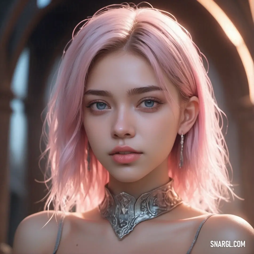 PANTONE 197 color example: Woman with pink hair and a choker on her neck is posing for a picture in a futuristic setting