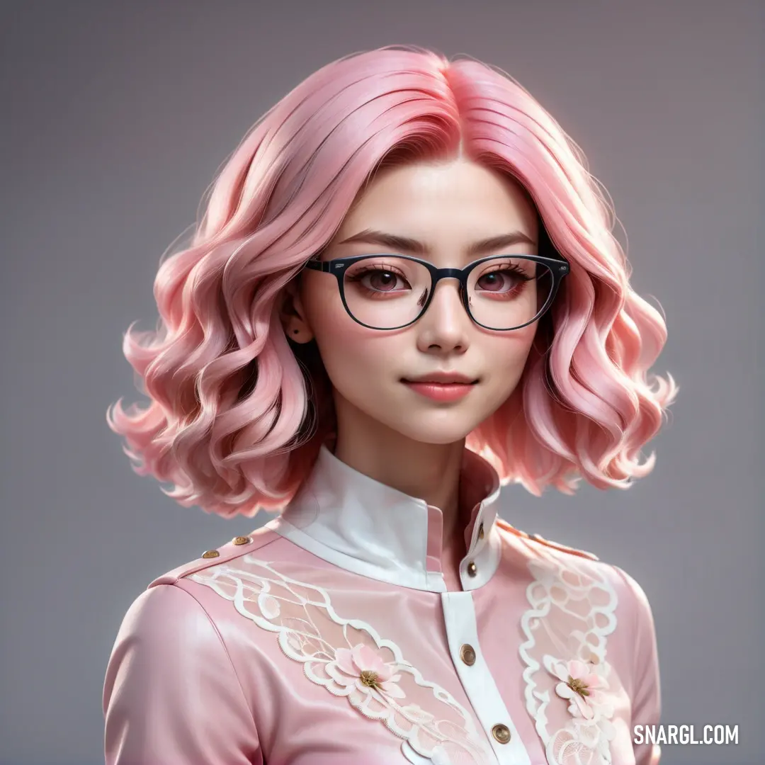 Woman with pink hair and glasses is posing for a picture in a pink shirt and white shirt with lace