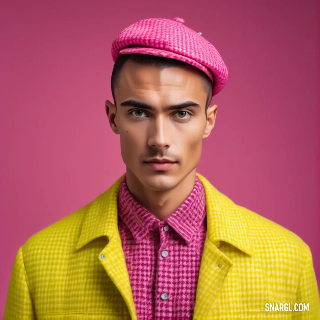 Man in a yellow jacket and pink shirt with a pink hat on his head