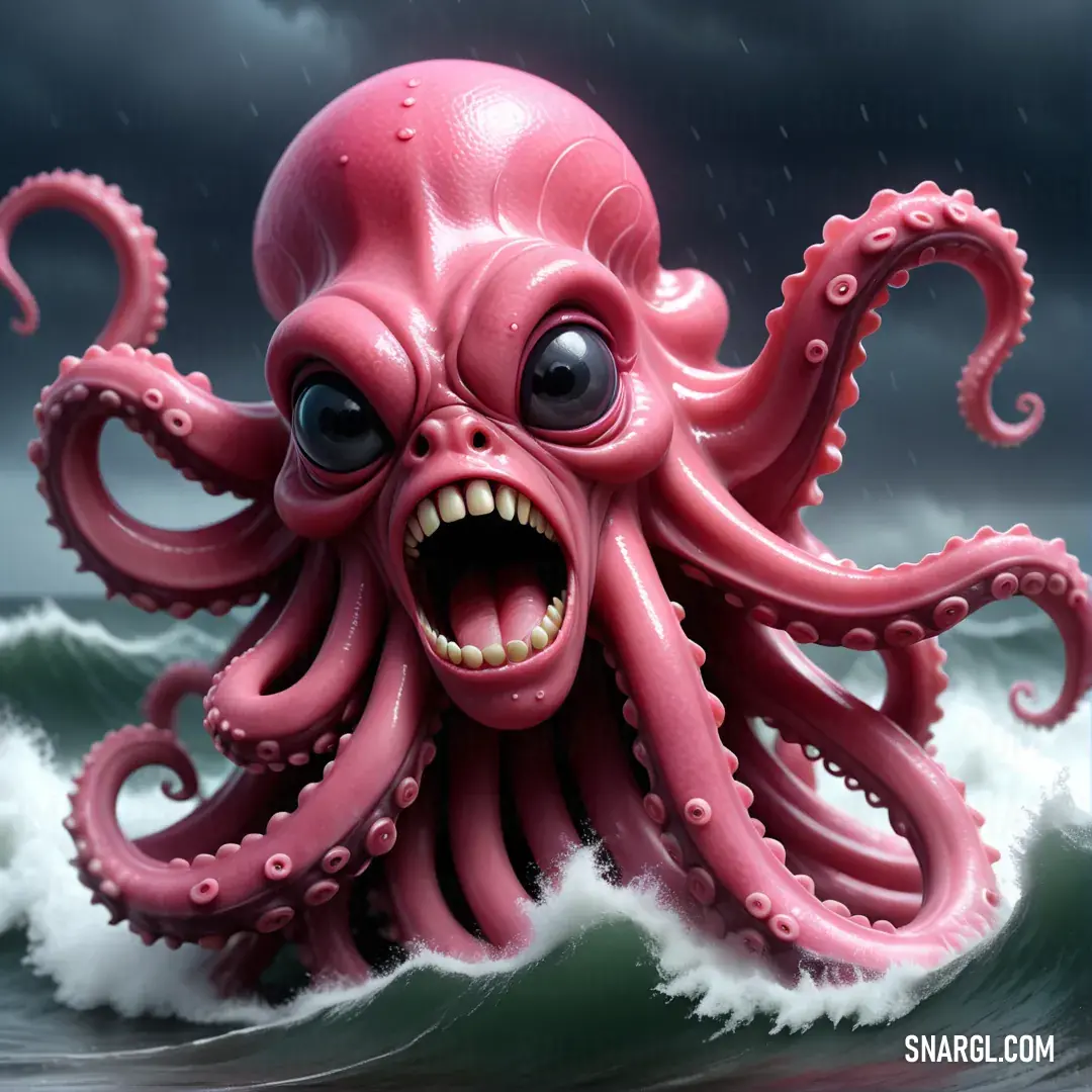 Pink octopus with a big mouth and big teeth in the water with a dark sky background and white foamy waves