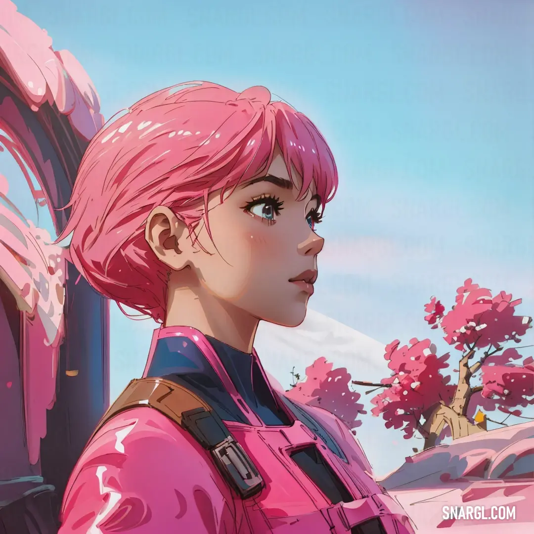 Woman with pink hair and a pink jacket standing in front of a tree