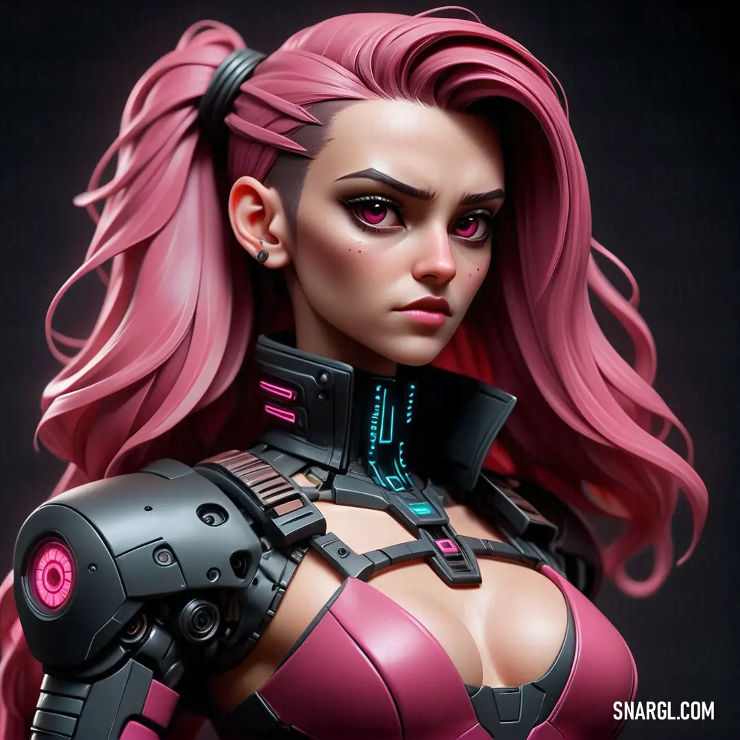 Woman with pink hair and a futuristic suit on her chest