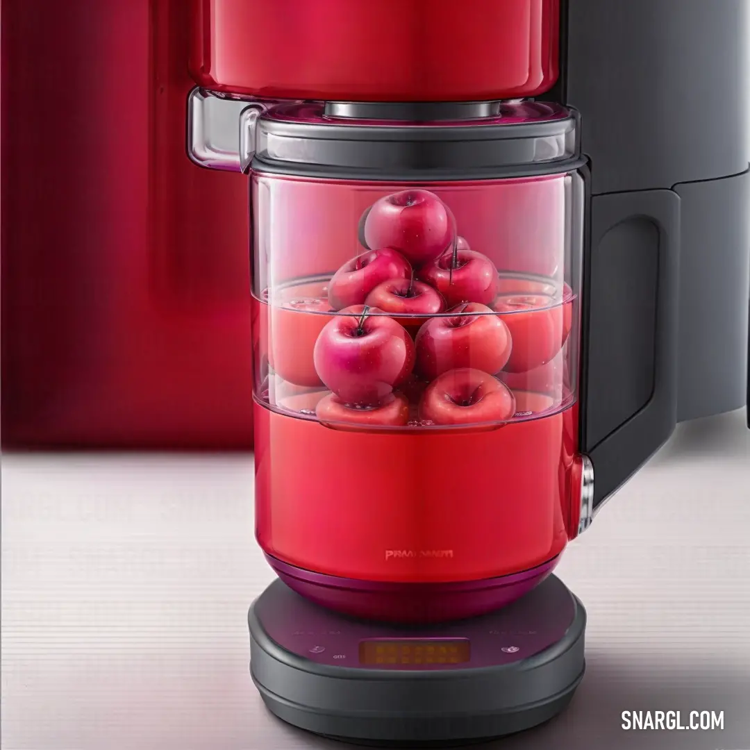 Red coffee maker with a bunch of apples inside of it on a table next to a red vase
