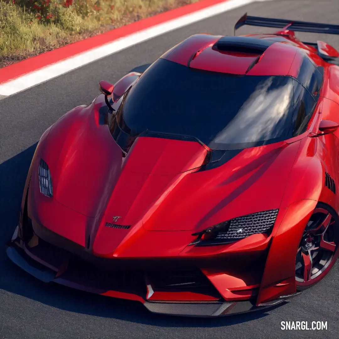 Red sports car driving down a race track with grass in the background and a red and white stripe on the side of the road