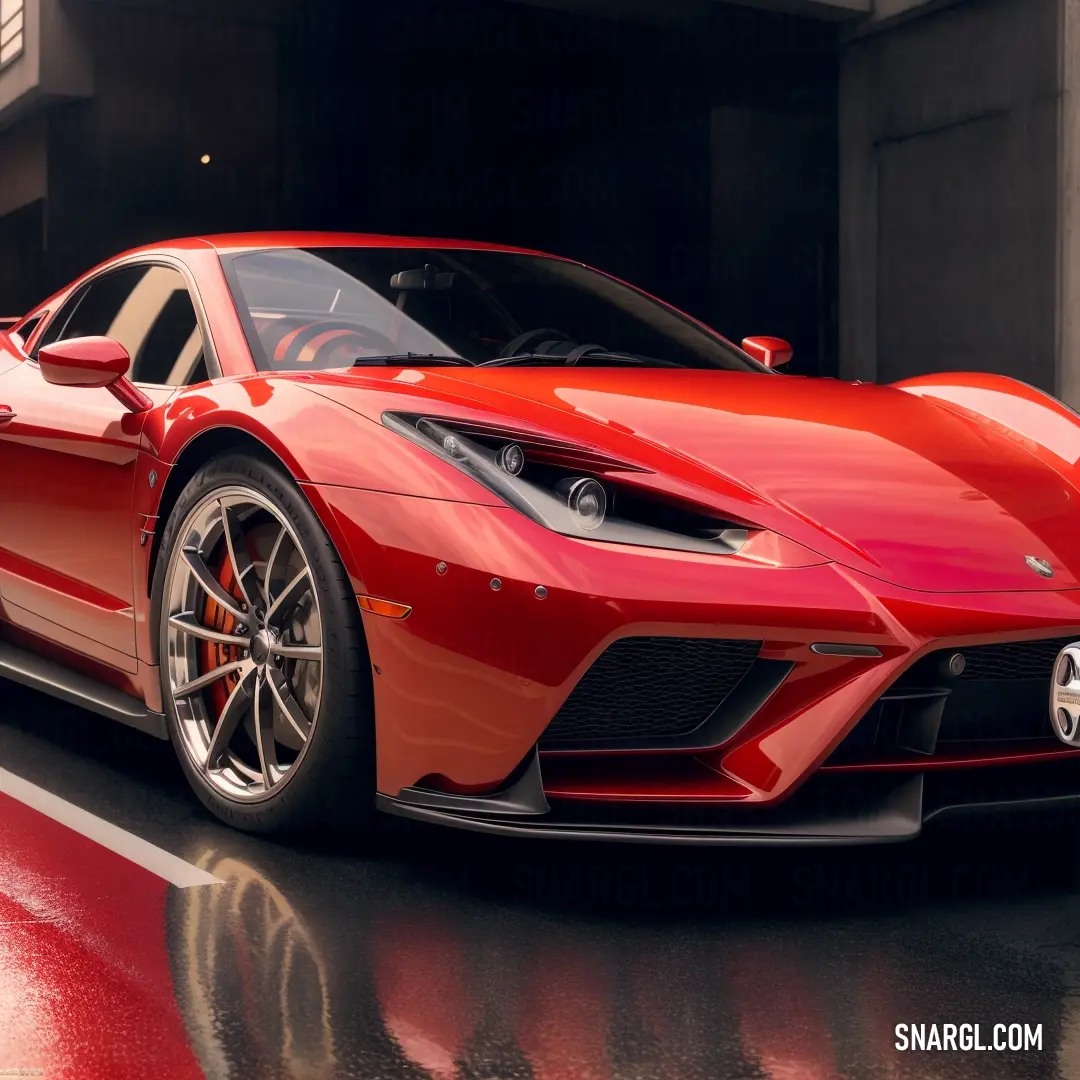 Red sports car parked in a garage next to a building with a red floor