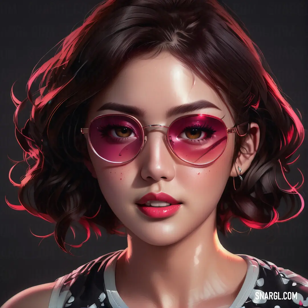 Digital painting of a woman wearing pink sunglasses and a polka dot shirt with a black background
