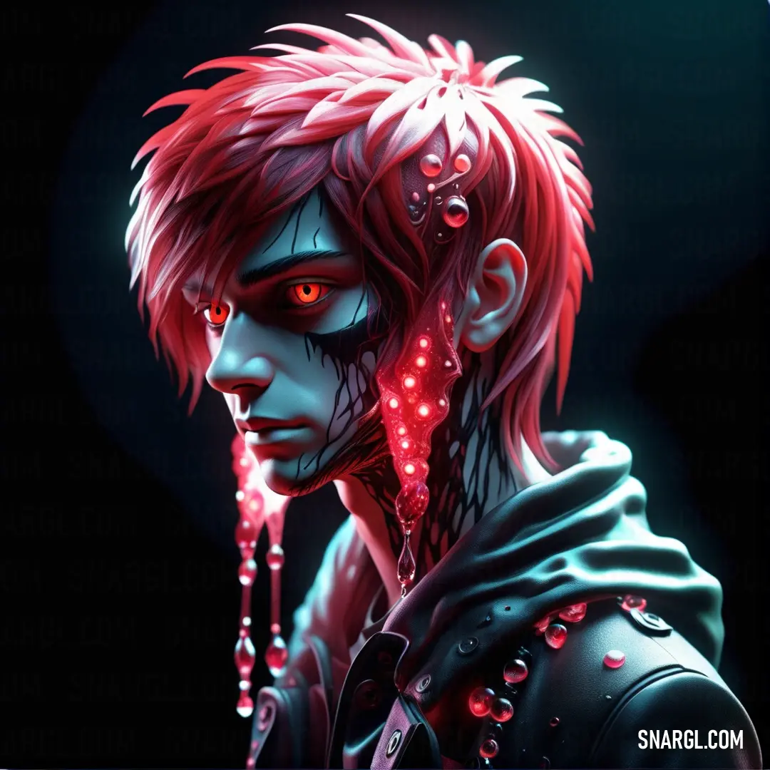 Man with red hair and red eyes with blood dripping from his face and a black background
