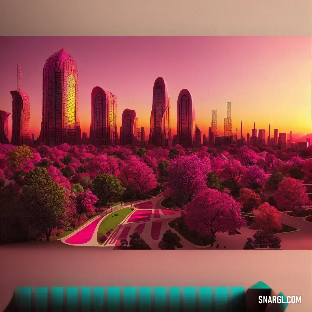 Painting of a city with a pink sunset in the background and a green field in the foreground