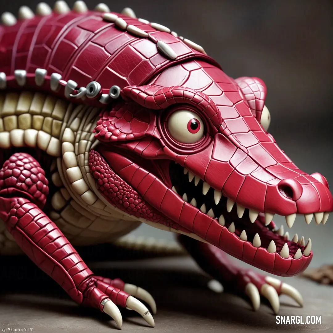 Red toy alligator with its mouth open and teeth wide open