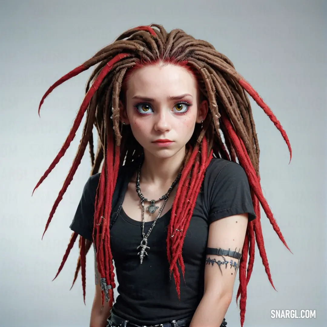 Woman with red dread locks and a black shirt is posing for a picture with a grey background