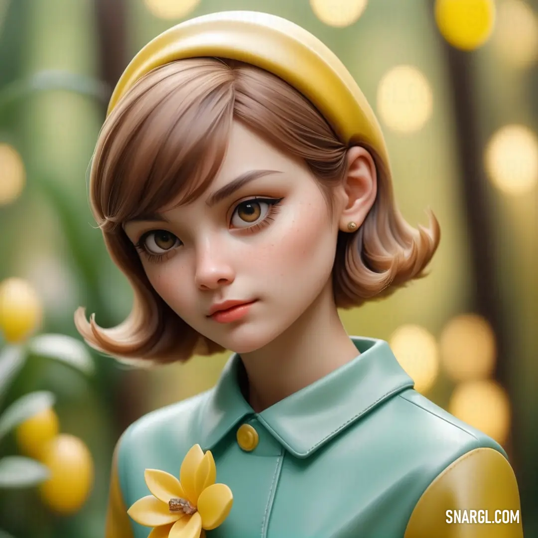 Digital painting of a girl with a flower in her hair and a green shirt on her head and a yellow flower in her hair