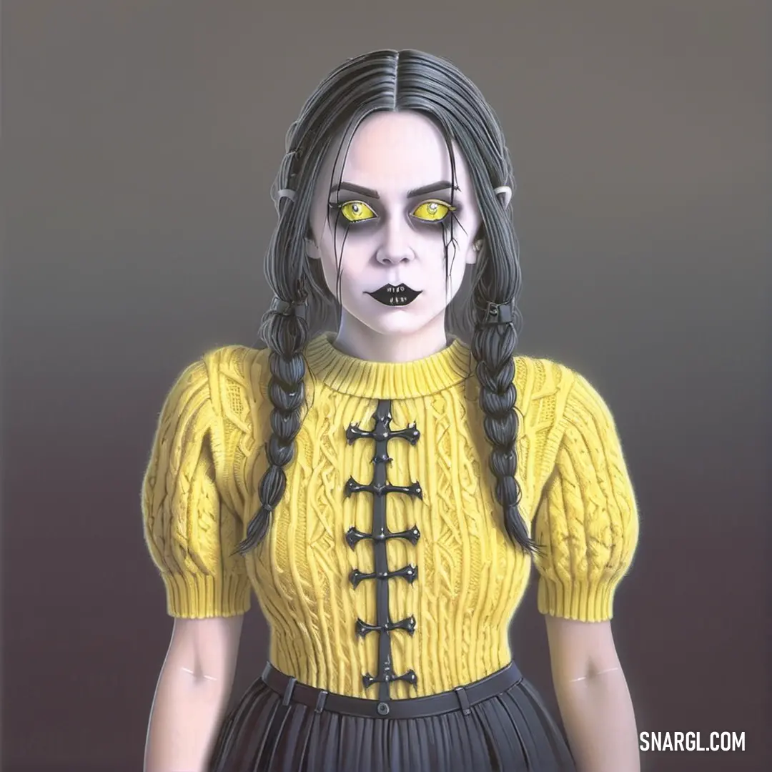 Woman with yellow eyes and a yellow sweater with black hair and braids. Color #F7E586.