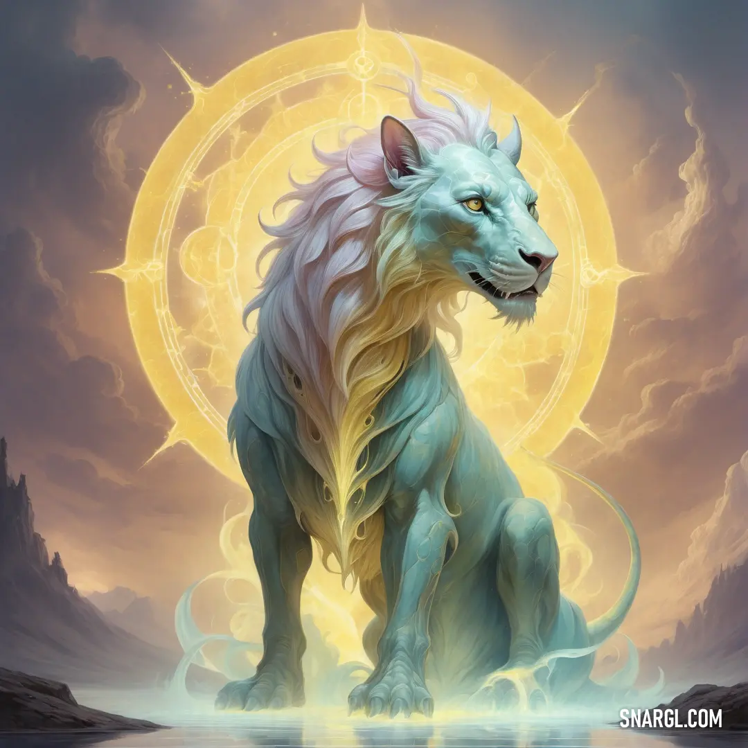 White lion on top of a body of water under a cloudy sky with a sun behind it. Color #F8E26E.